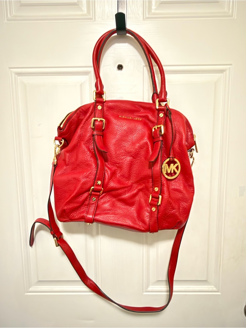 Michael Kors Red Leather Shoulder Satchel with Gold Hardware